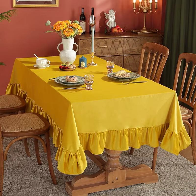 Nappe en velours luxueuse nappe rectangulaire solide, nappe à volants de ferme rétro Oblong couvertu