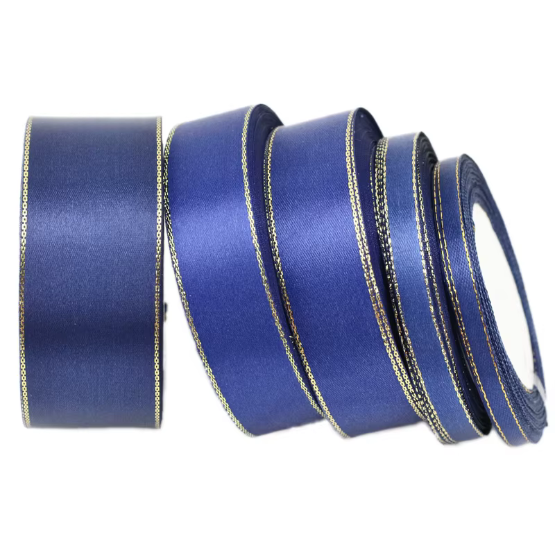 (25 Yards/Lot) Ruban en satin bleu foncé à bord doré Rubans d'emballage cadeau de haute qualité