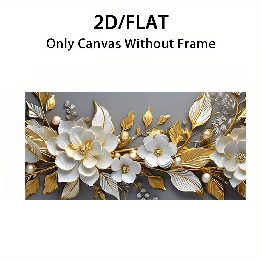 1 pièce, cadre plat 2D sans cadre, grand format moderne - motif floral blanc et doré, impression de