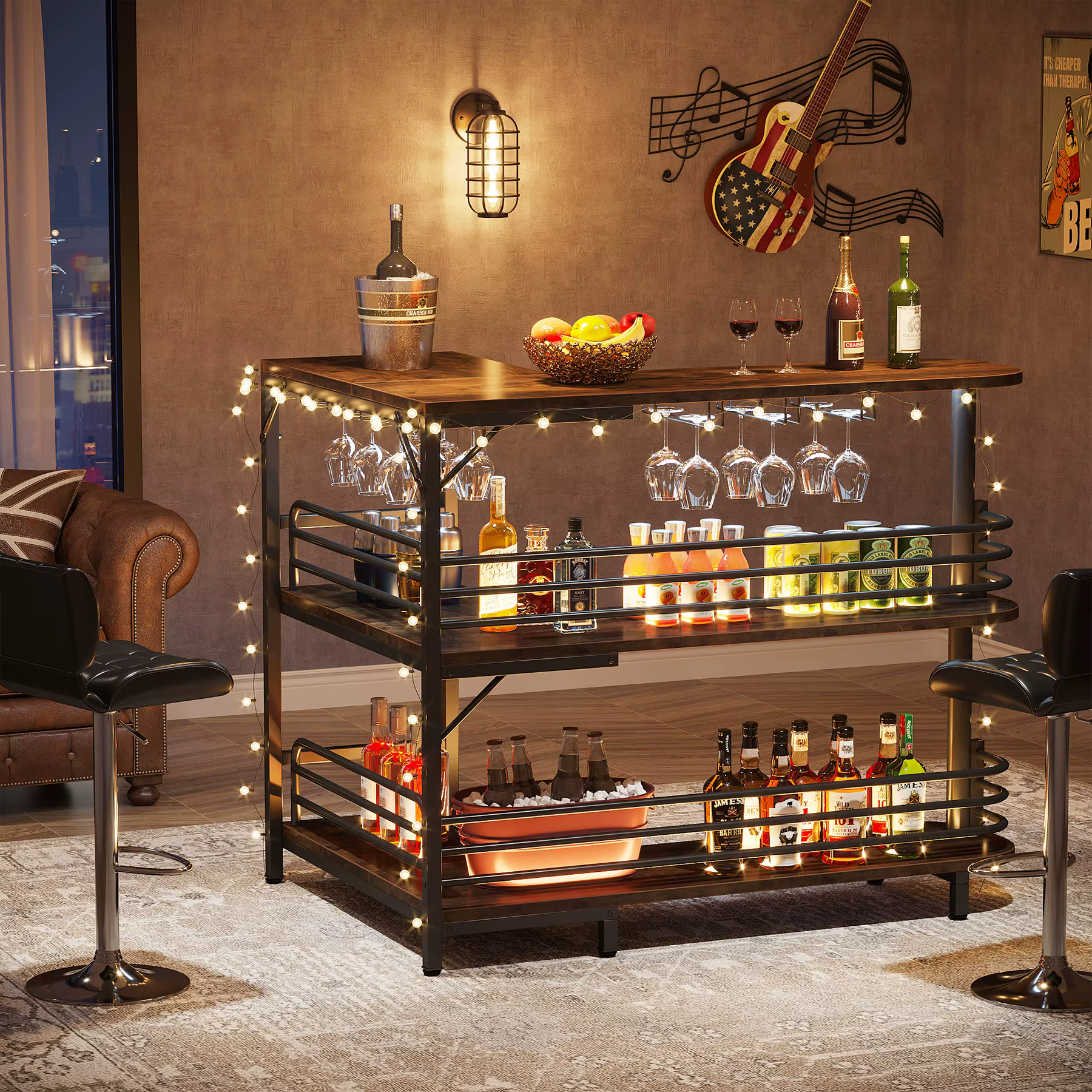 Tribesigns-Unité de bar à la maison en forme de L, table de bar française à 3 niveaux avec étagères
