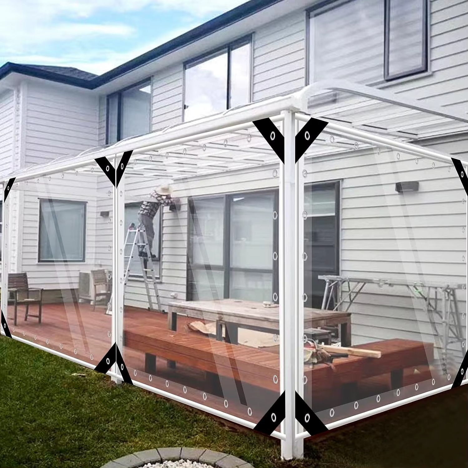TarLII-Plastique PVC Transparent et Imperméable avec Œillets, Toit Couvert, Imperméable à la Pluie, 