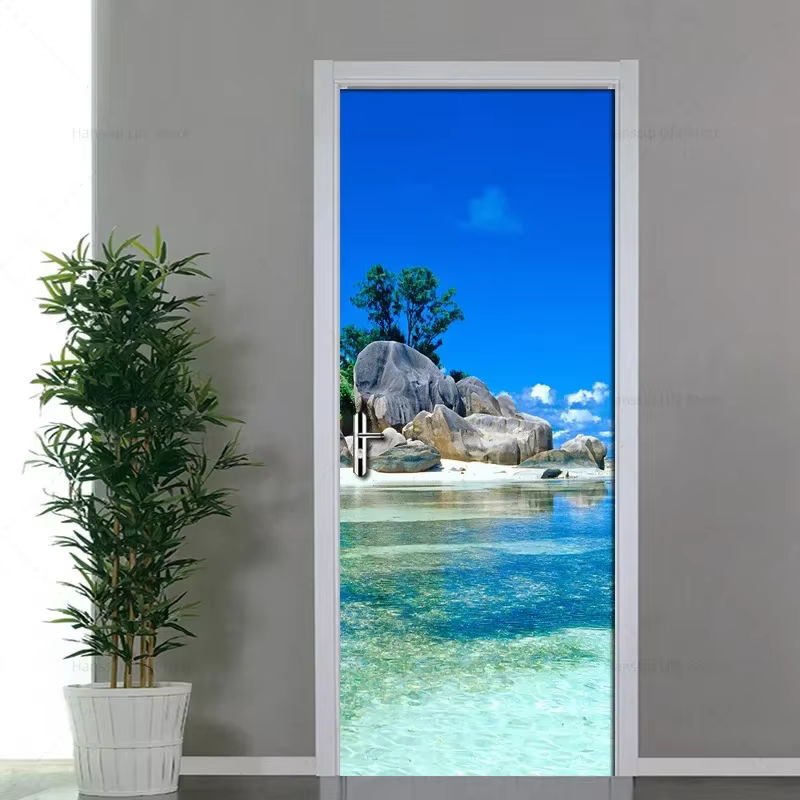 Autocollant Mural de porte 3D vue sur la mer plage, papier peint auto-adhésif en PVC bleu ciel, pays