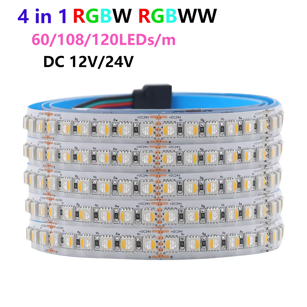Ruban LED RGBWW RGBW 12V 24V, 60/108/120 gible/m, étanche IP21/65/IP67, flexible 5050, pour la décor