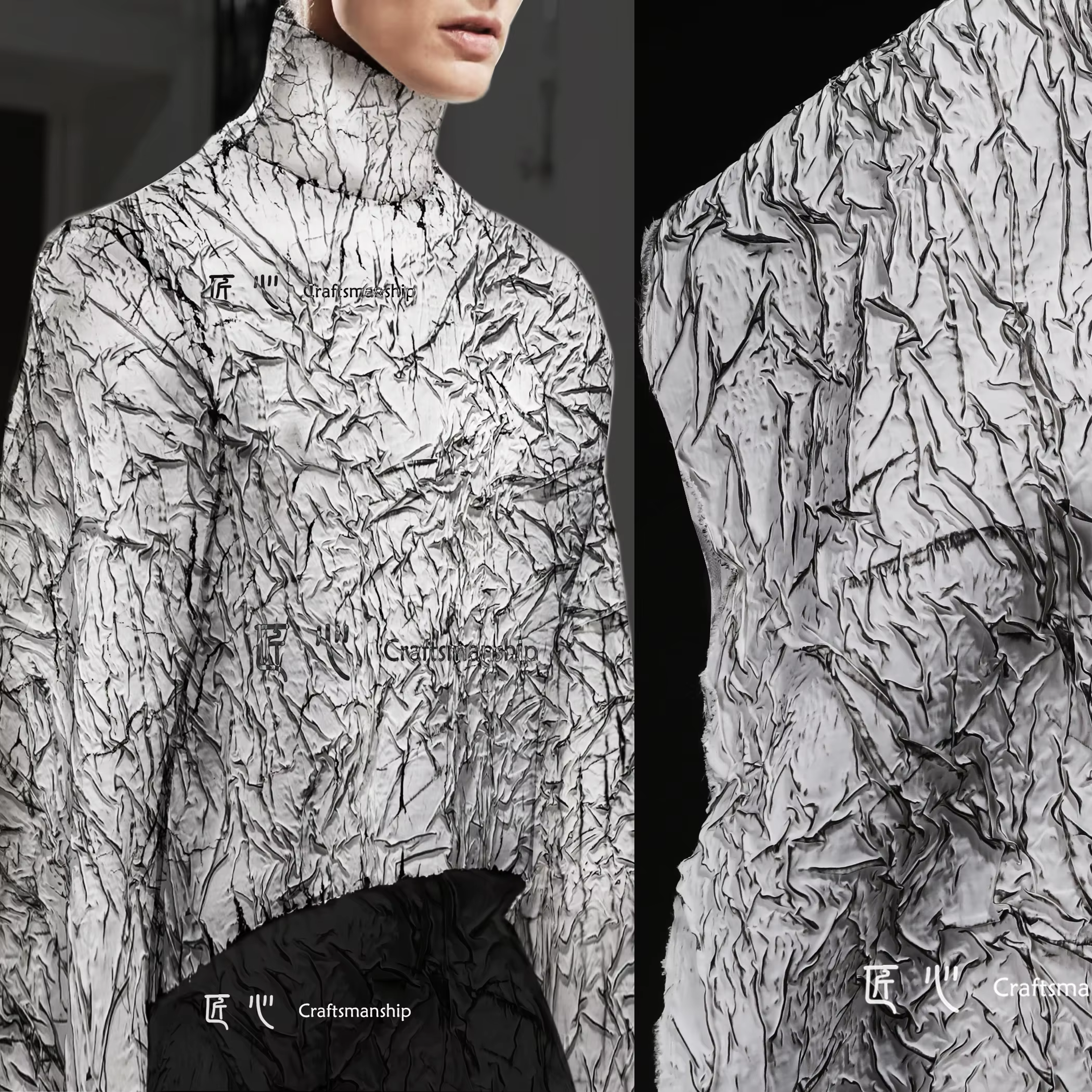 Tissu gaufré Bergame, peinture blanche, ligne noire, document de frottement, fissure bosselée, veste