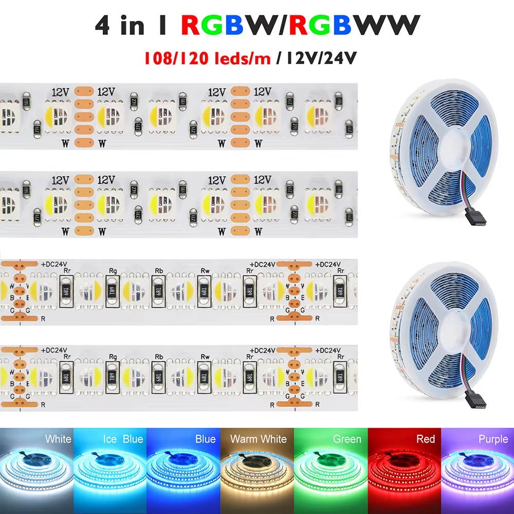 Bande lumineuse Led RGBW, 5m, 4 couleurs en 1, puce RGBWW 12V 24V 5050 120 60 108 LED, ruban Flexibl