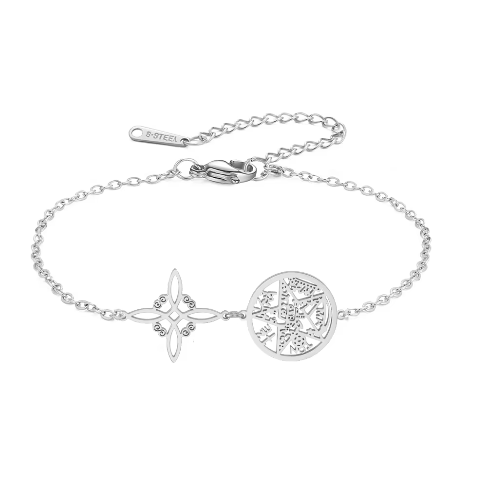 Bracelet Double protection avec nœud de sorcière, Tetragramaton, en acier inoxydable, pour femmes et