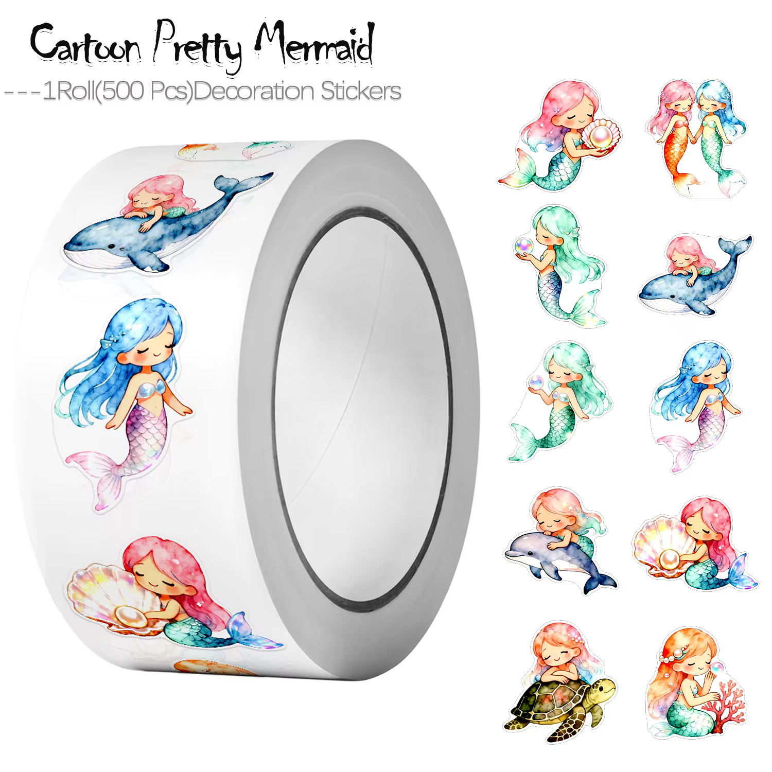 1 rouleau (500 pièces) aquarelle irrégulière dessin animé jolies sirènes autocollant décalcomanies Art adornement décoration de la maison étanchéité papeterie étiquettes