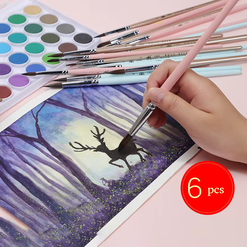 Pinceau aquarelle noir marten poils d'animaux 6 pièces ensemble de pinceaux de peinture