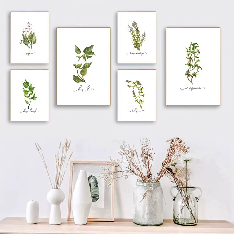 Affiches murales sur toile de Collection d'herbes, peinture de sauge d'organo, romarin, basilic, thym, aquarelle, image murale imprimée, décor de cuisine