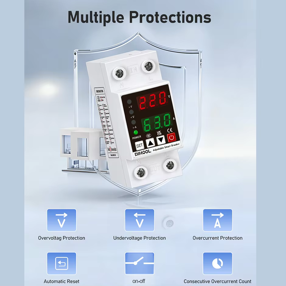Protecteur de tension et de courant réglable 110/220V 80-300V Universel Monophasé AC DC Protection 1~63a Auto-réinitialisation