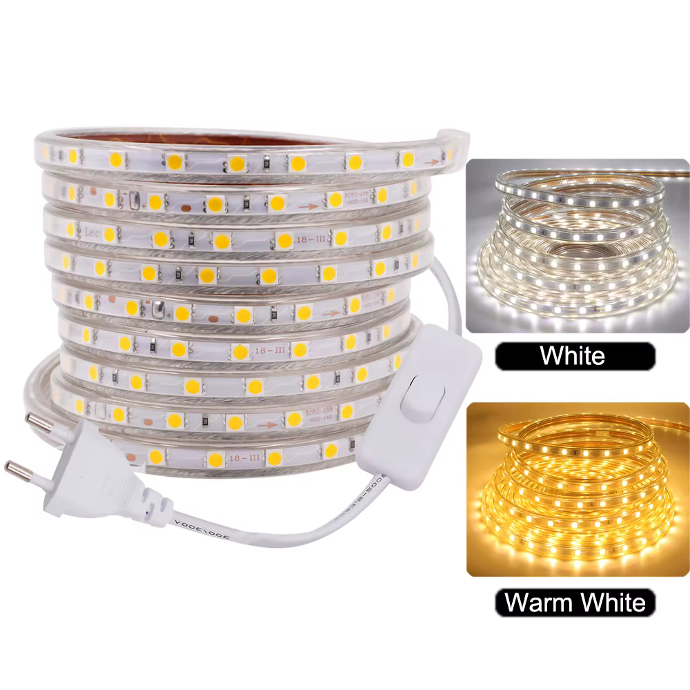 Bande lumineuse LED 5050 220V 110V 60LED, bande LED Flexible avec interrupteur marche/arrêt, ruban LED étanche blanc chaud pour la décoration de la maison