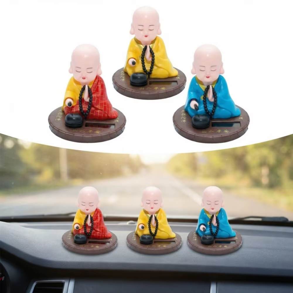 Bouddha Solaire Qui Hoche la Tête pour la Prière et la Prospérité, Figurines Artisanales Décoratives de Moine Bouddhiste en Bois
