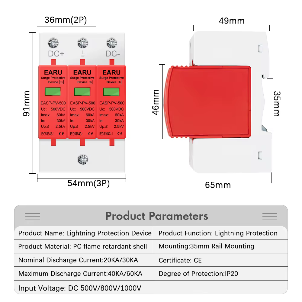 Dispositif de Protection contre les surtensions, parafoudre SPD, maison basse tension, 1/2/3/4 pôles, Protection contre les surtensions, DC 500V 800V 1000V 40KA 60KA