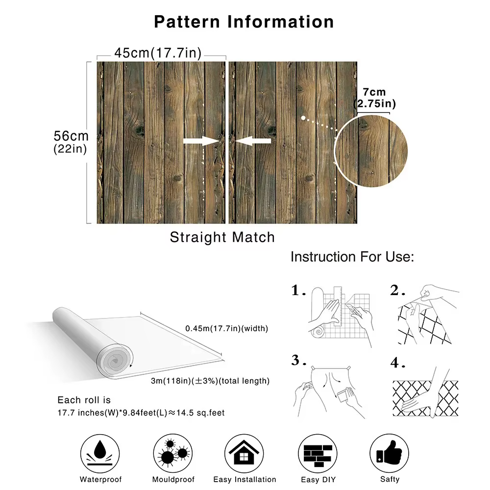 Papier peint auto-adhésif rétro en Faux Grain de bois