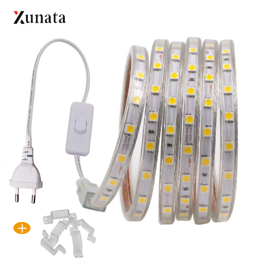 Bande lumineuse LED 5050 220V 110V 60LED, bande LED Flexible avec interrupteur marche/arrêt, ruban LED étanche blanc chaud pour la décoration de la maison