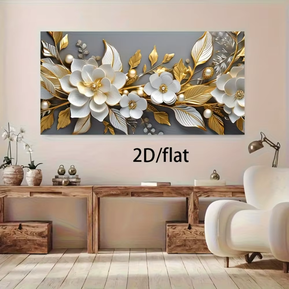 Impressions sur toile abstraites de fleurs blanches et dorées plates 2D