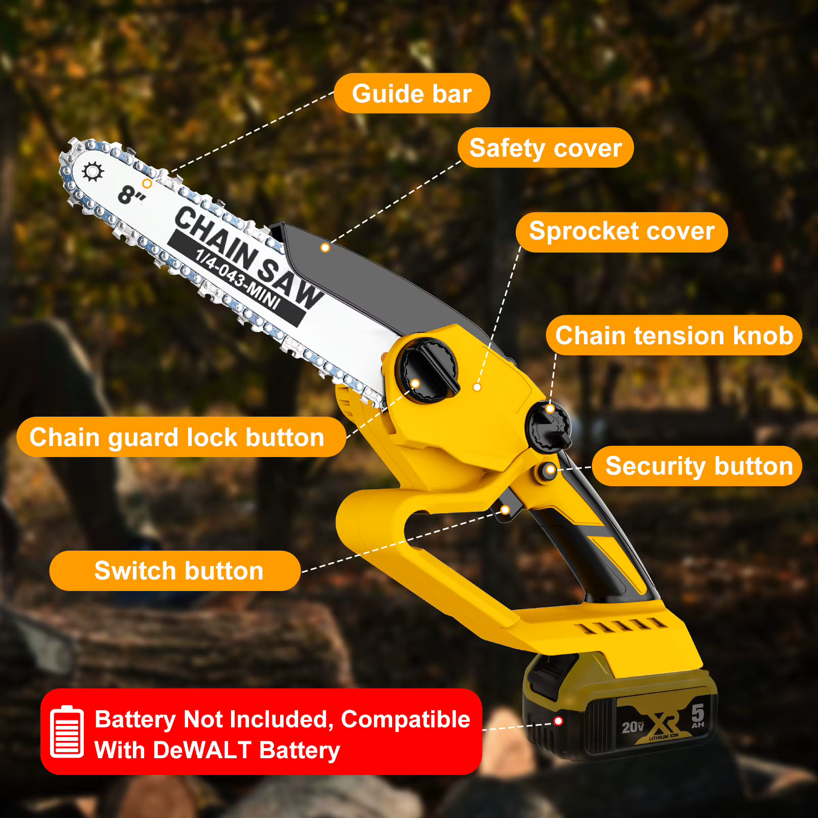 Scie à chaîne sans fil pour batterie Dewalt 20V (sans batterie), tronçonneuse de taille manuelle à balais électriques de 8 pouces, coupe puissante rapide 10 m/S