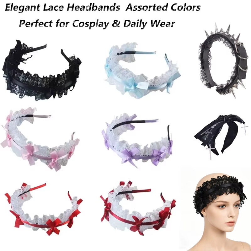 Cerceau cheveux en dentelle à volants pour femmes, avec bandeau en maille, nœud accessoires Cosplay