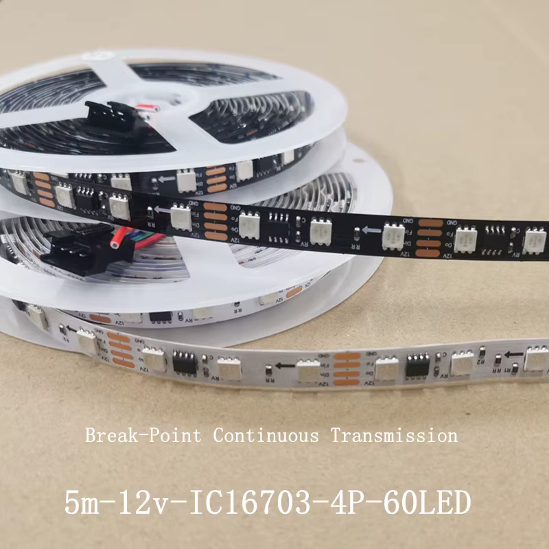 Bande lumineuse RGB LED adressable, 4P IC16703, 12V, 5m, 60LED Pixel, point de rupture, transmission continue, 4 fils, IP20, 5m