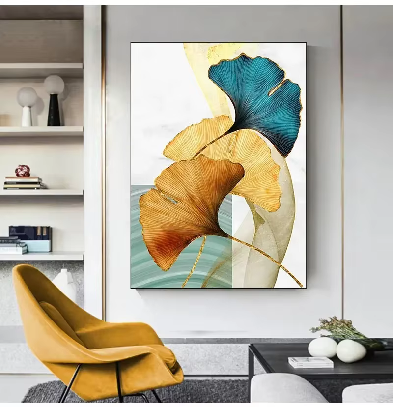 Image moderne décor de salon bleu vert jaune or plante feuille abstraite nordique toile impression mur Art peinture