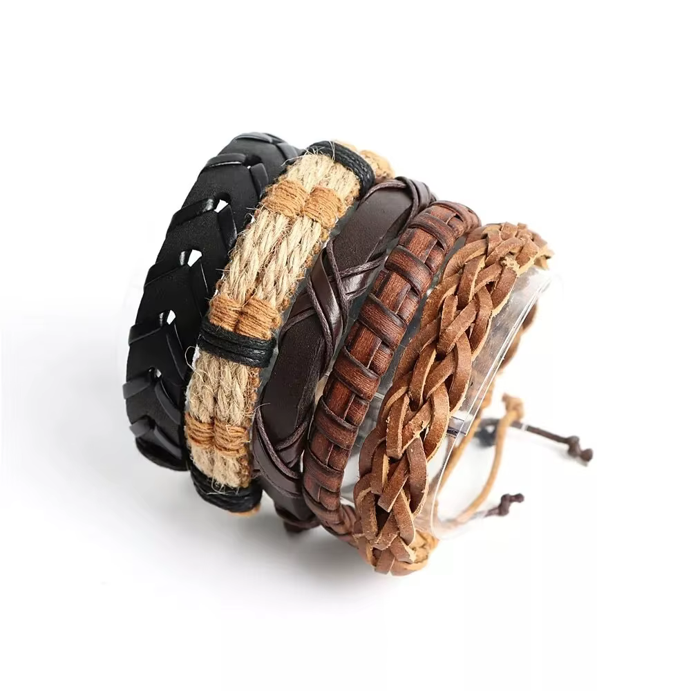 20 pièces Bracelets en cuir tressé pour hommes femmes envelopper perles de bois manchette Bracelet cordons de chanvre ethnique Tribal fait à la main Wrap Bracelet