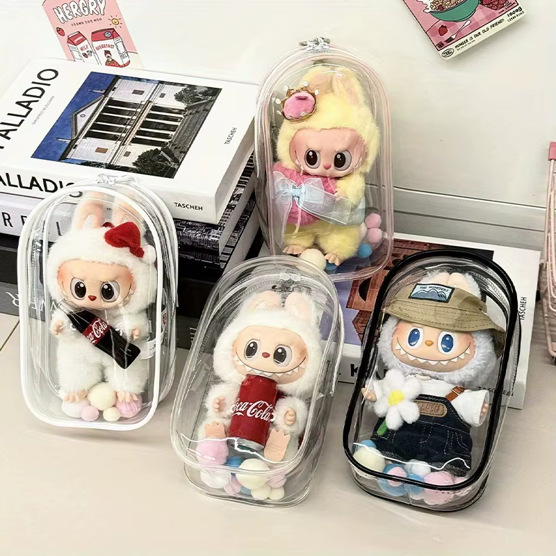 1 housse anti-poussière Labubu, sac de rangement portable transparent en PVC pour usage extérieur, sac de marche pour poupée Labubu