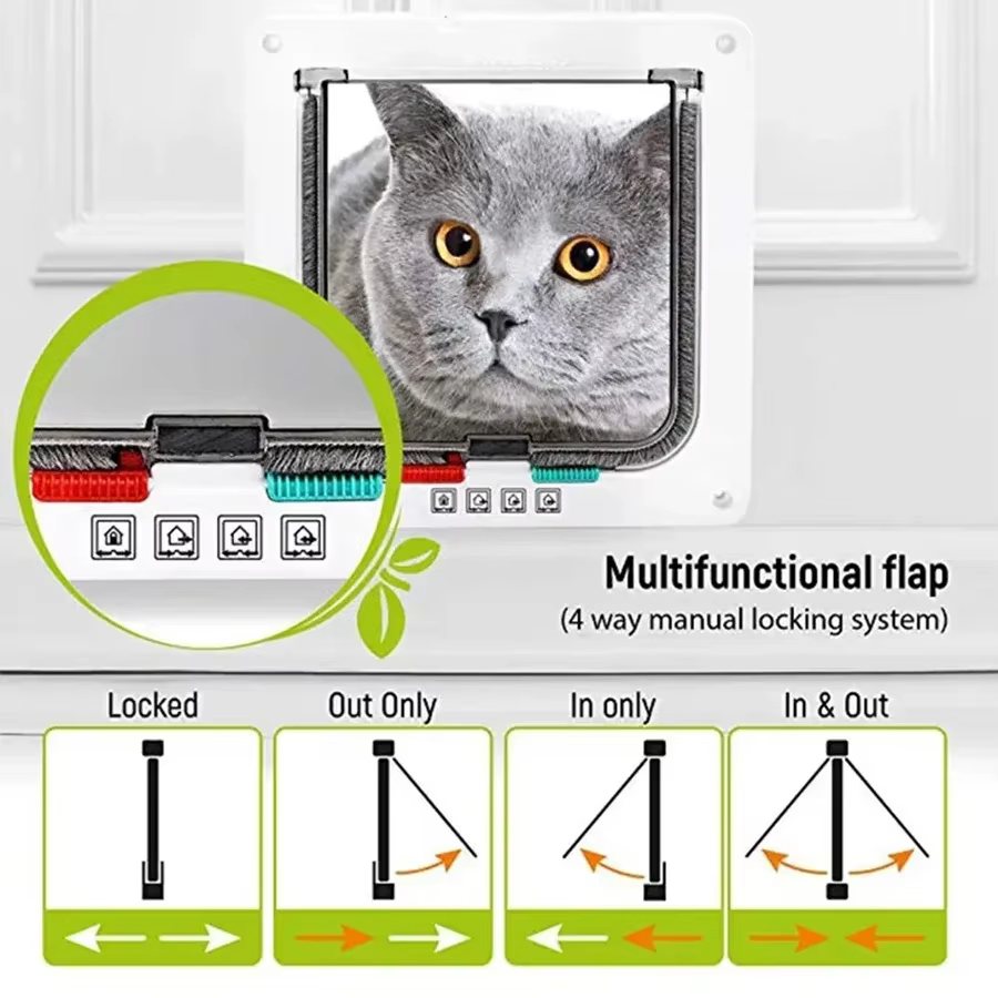 Porte pour chat résistante aux intempéries, verrouillage à 4 voies pour chat jusqu'à 20 lb pour portes intérieures, armoires, portes de garage, porte pour animaux de compagnie de 4 tailles