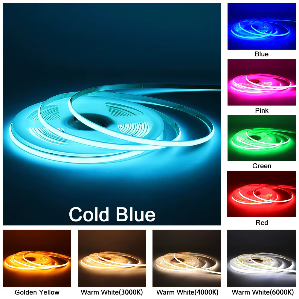 Bande LED colorée 5mm rose/bleu glace/bleu/vert/rouge/jaune dorée, bande lumineuse COB DC 12V 24V, pour décoration de chambre et de voiture