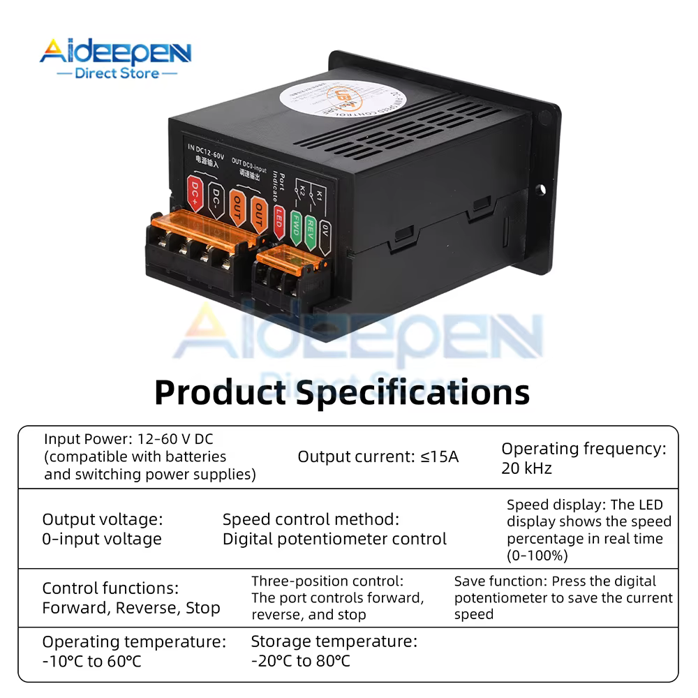 Contrôleur de moteur CC 12-60V 15A à courant élevé, régulation de vitesse PWM progressive, affichage numérique LED, contrôle avant/arrière pour le bricolage