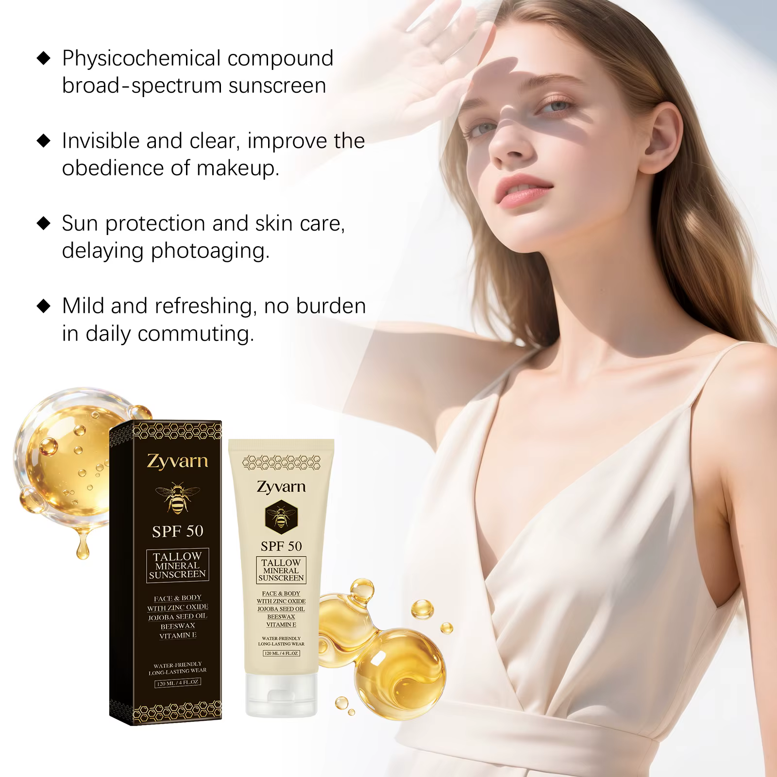 Crème solaire minérale au suif de bœuf biologique SPF 50, formule naturelle, protection solaire complète pour le visage et le corps, protection solaire quotidienne pour l'été en plein air