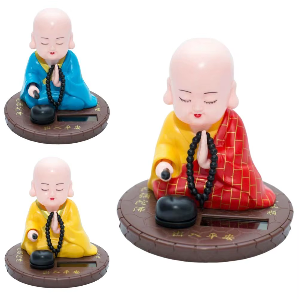 Bouddha Solaire Qui Hoche la Tête pour la Prière et la Prospérité, Figurines Artisanales Décoratives de Moine Bouddhiste en Bois