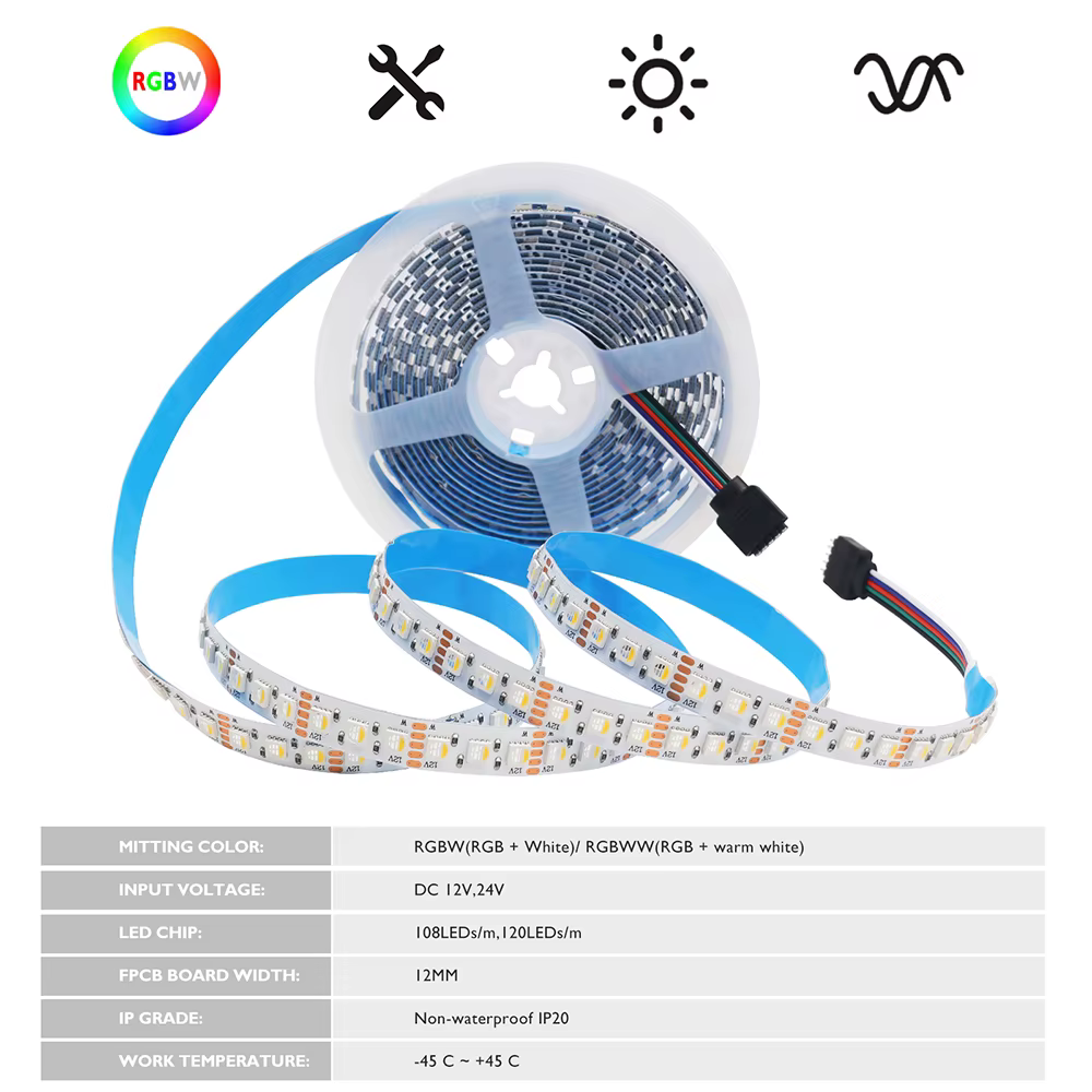Bande lumineuse Led RGBW RGBWW RGBCCT, 5m, 4 5 couleurs en 1, puce 12V 24V 5050 60 120 108 LED/m, ruban Flexible, DC, décoration de la maison