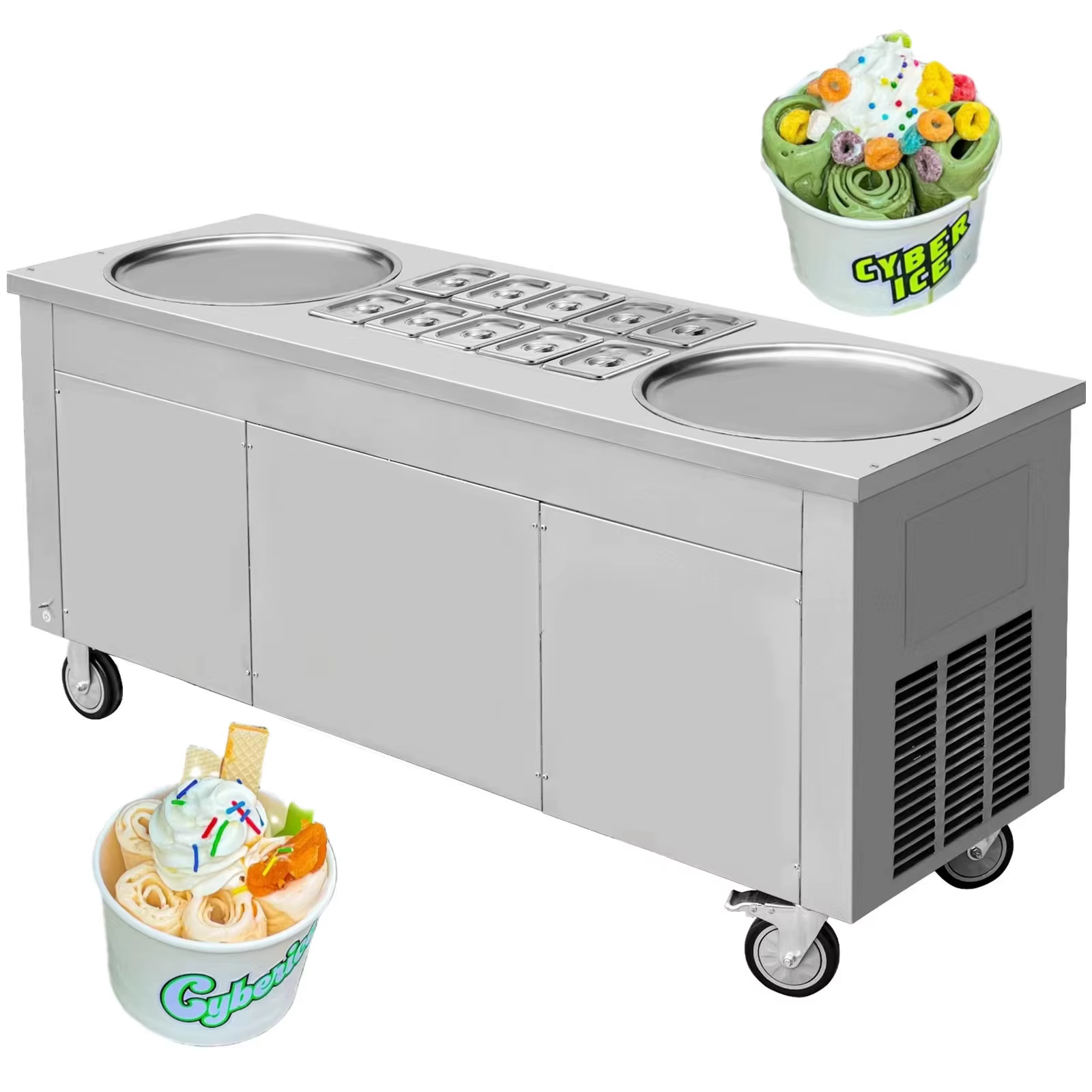Machine à crème glacée en rouleau 2800 Watts Machine à rouleau de crème glacée à Double plaque avec armoire Machine à rouleau de crème glacée frite