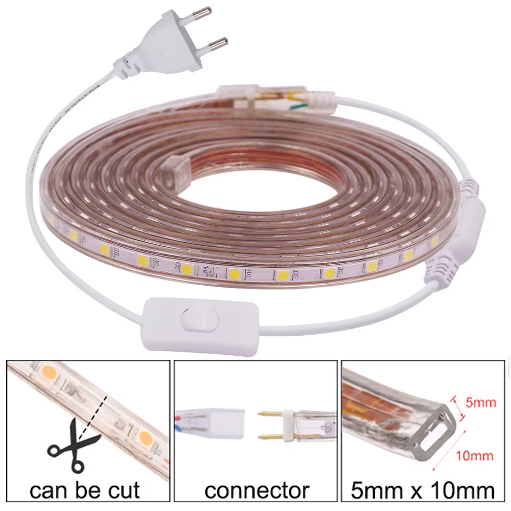 Bande lumineuse LED 5050 220V 110V 60LED, bande LED Flexible avec interrupteur marche/arrêt, ruban LED étanche blanc chaud pour la décoration de la maison