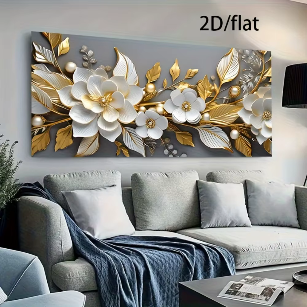 Impressions sur toile abstraites de fleurs blanches et dorées plates 2D