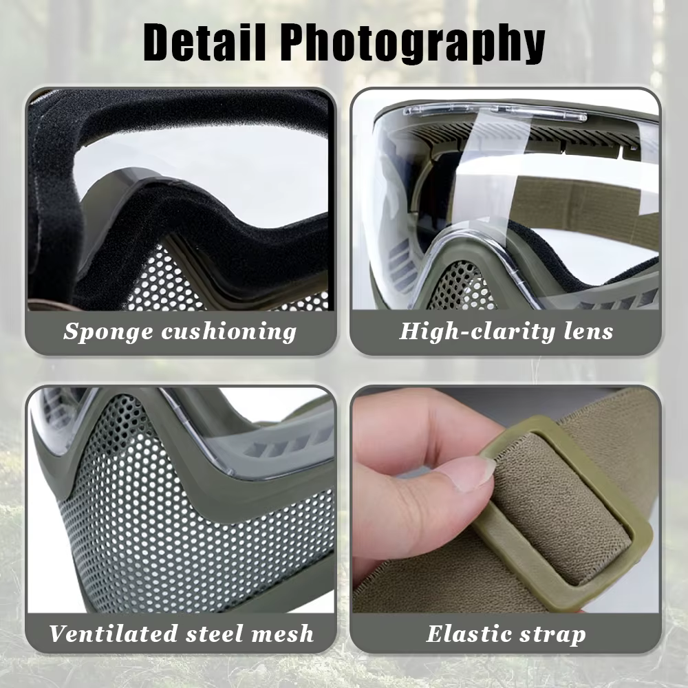 Masque facial complet Airsoft, masque de casque, ensemble de lunettes de Protection Anti-buée, maille en acier respirante, masque facial de Protection pour Wargame