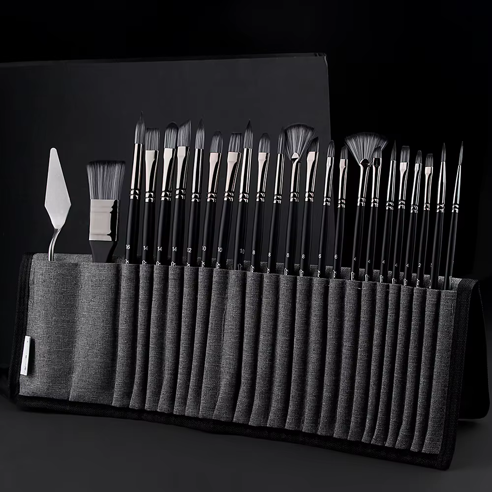 Ensemble de pinceaux de 25 sacs en toile, outils de peinture artistique pour débutants, pinceaux en nylon spécialisés pour peinture acrylique/aquarelle/huile
