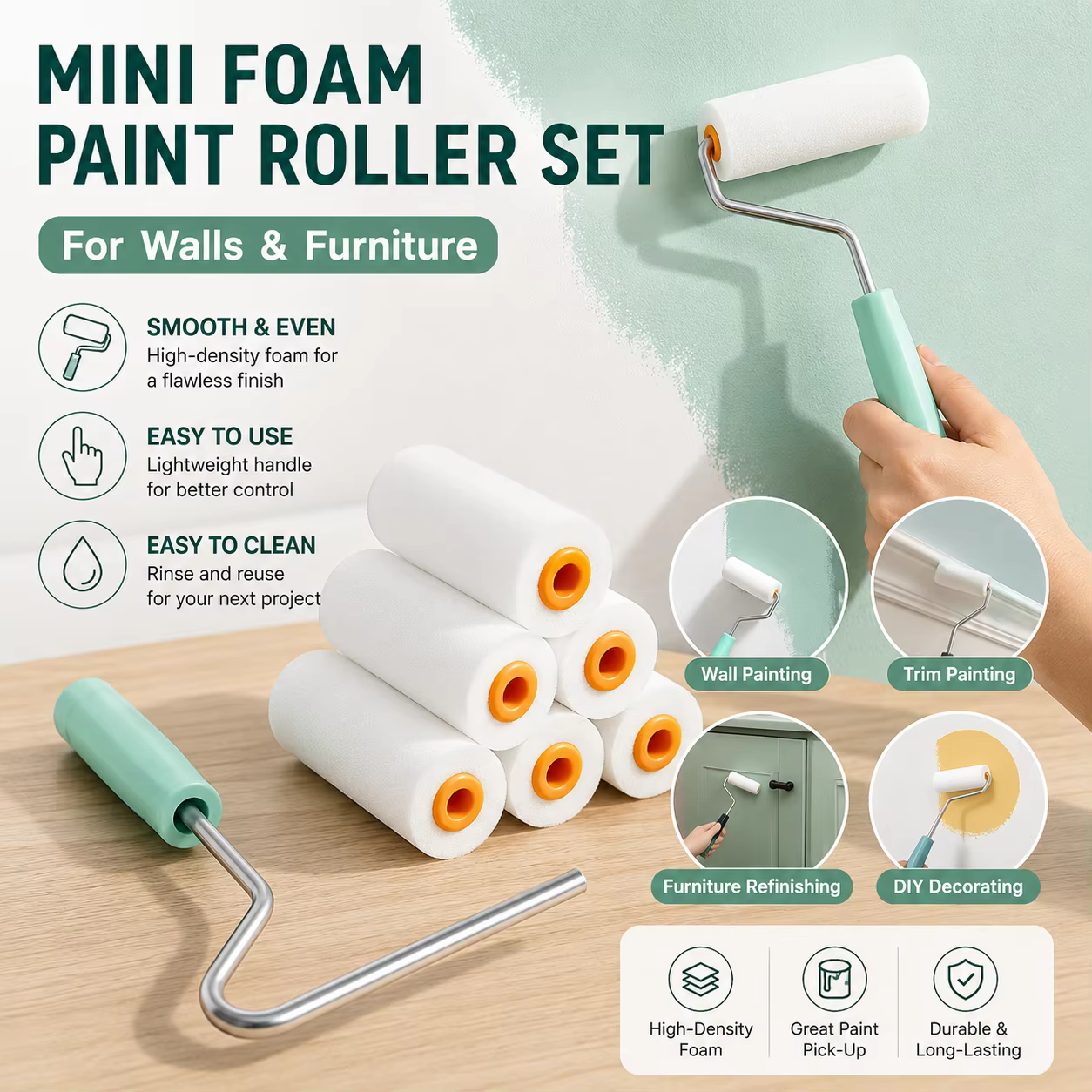2 rouleaux de peinture en mousse durables de 100 mm