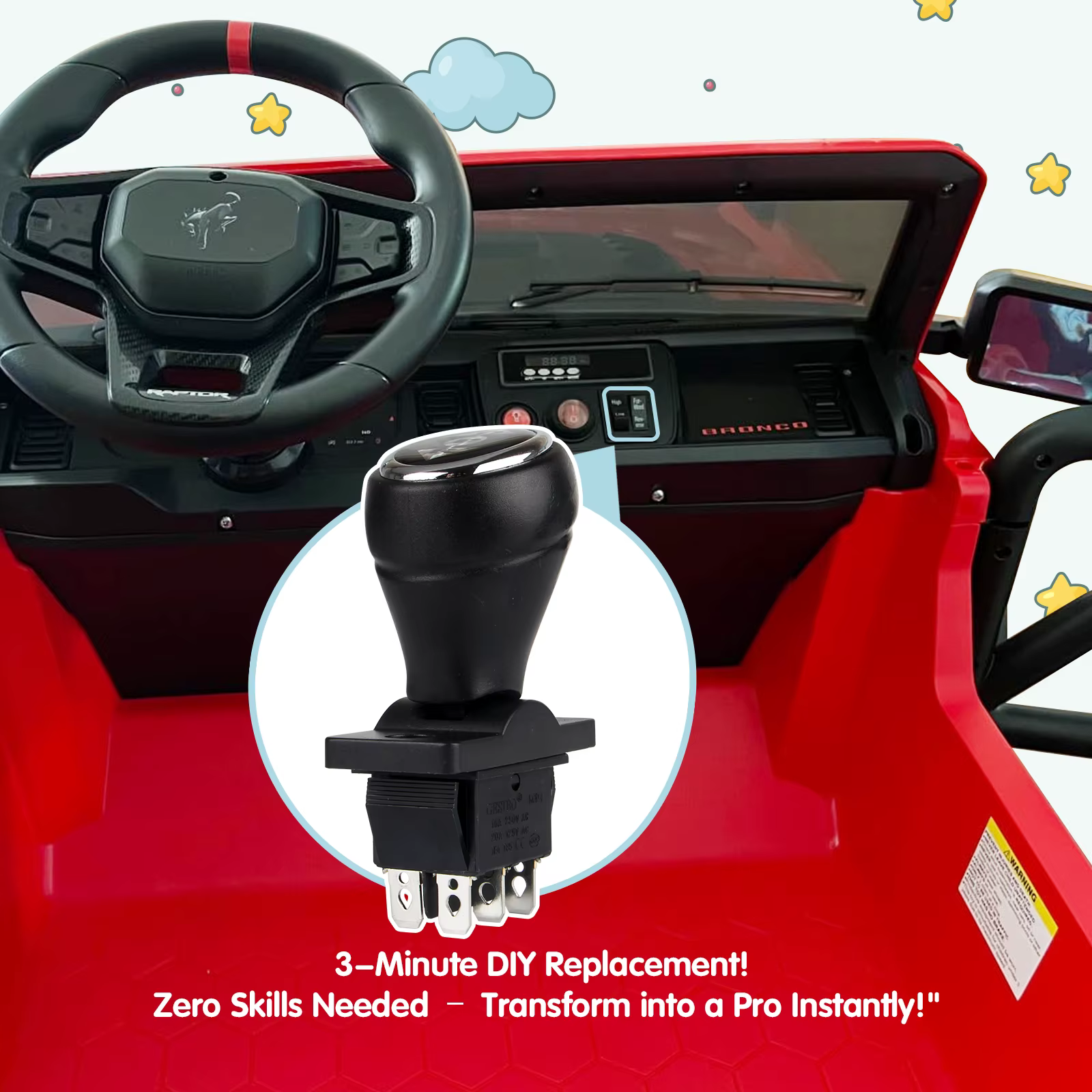 Levier de vitesse pour voitures électriques pour enfants |   Commutateur D/R/P (avant et arrière) |   Installation en 3 minutes |   Convient à 90 % des modèles de véhicules