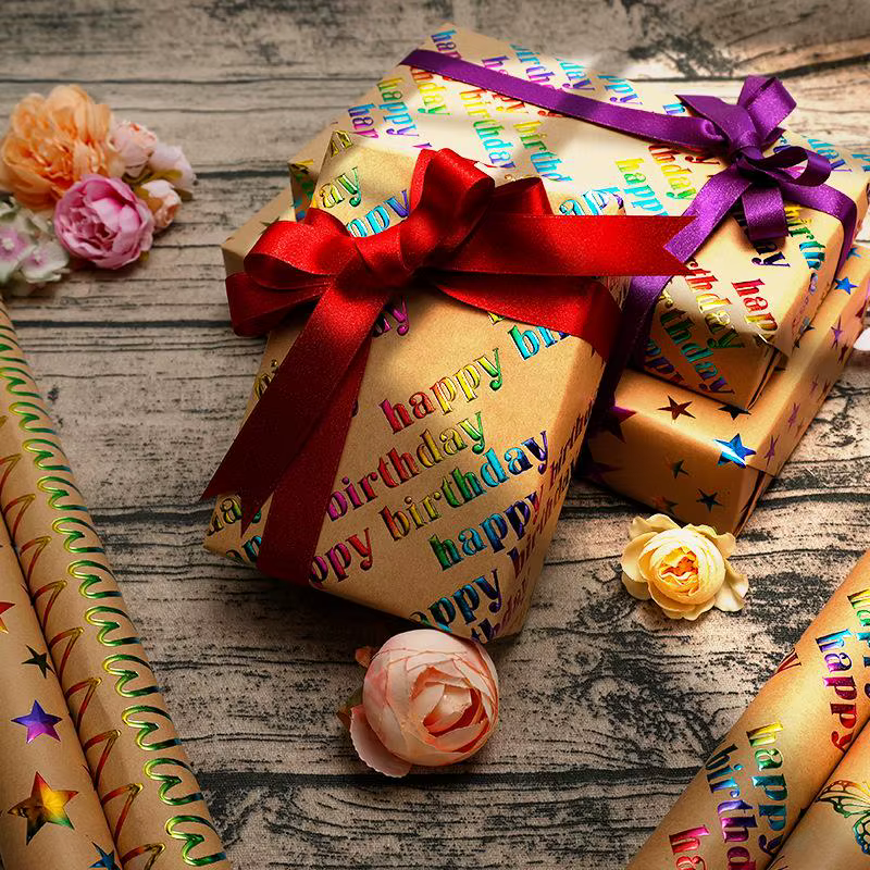 1 rouleau de papier cadeau 43x300cm Joyeux anniversaire Saint-Valentin, papier kraft jaune rétro, papier d'emballage coloré avec dorure