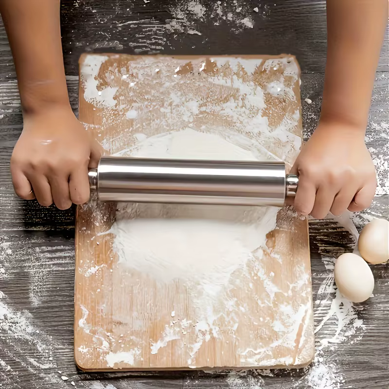 Rouleau à pâtisserie épais en acier inoxydable avec poignée antidérapante, rouleau à pâte robuste | Convient pour la pizza, les biscuits, les pâtisseries, la pâtisserie