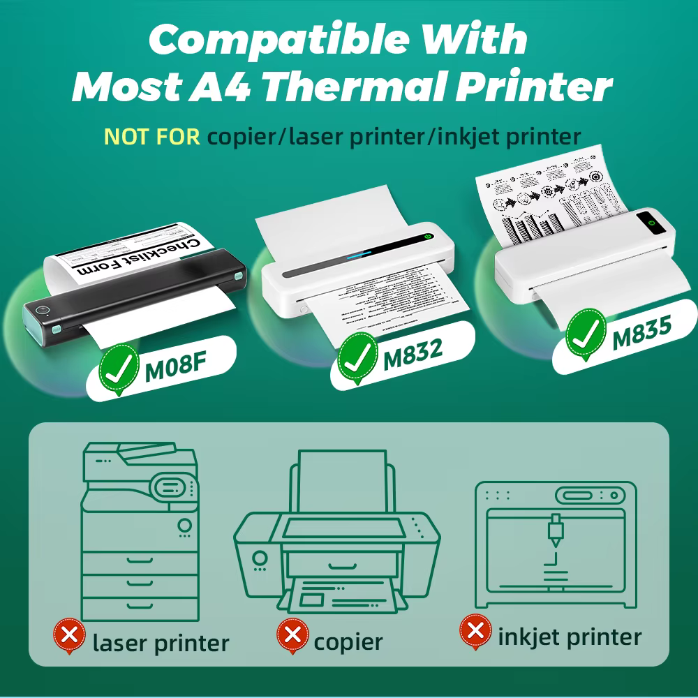 Phomemo A4 imprimante thermique papier lettre papier continu à séchage rapide adapté pour M832/M833/M834/M835 imprimante Portable 2 rouleaux