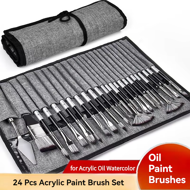 Ensemble de 24 pinceaux d'art mixtes avec couteau à palette et sac de transport pour peinture acrylique