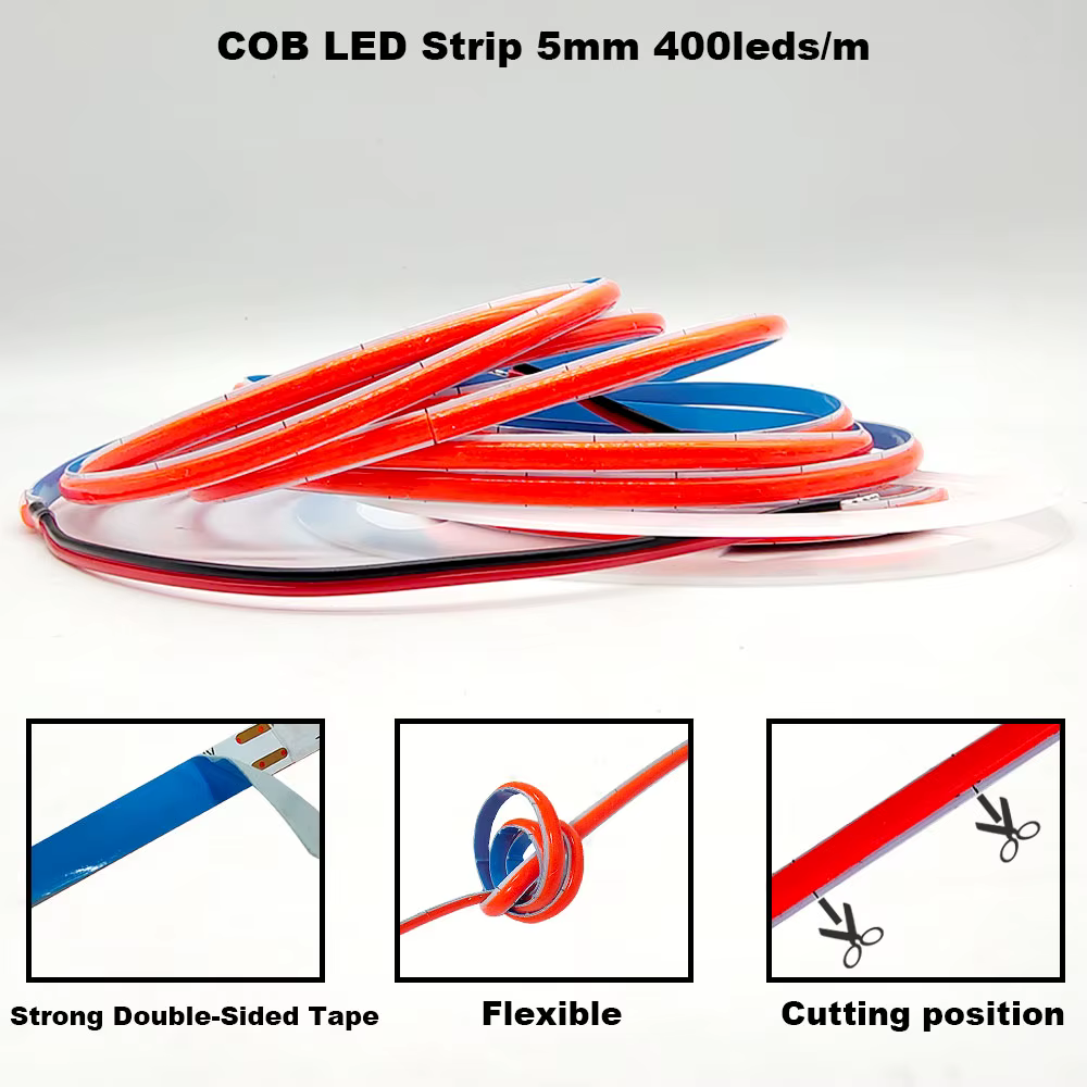 Bande LED COB 12V 24V 5mm/8mm PCB 400/480LED s/m bande LED Flexible rouge/vert/bleu/rose/bleu glace/jaune pour la décoration de la maison lumières LED