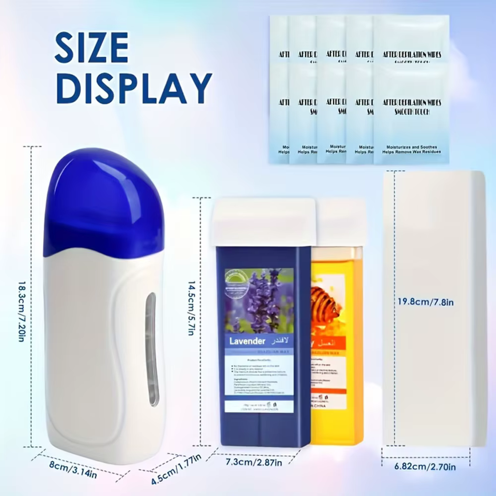 Kit de cire à rouler pour femmes et hommes, avec sensibilité, comprend 1 cartouche de cire, 50 bandes de cire, 5 lingettes, utilisation en tension 110V