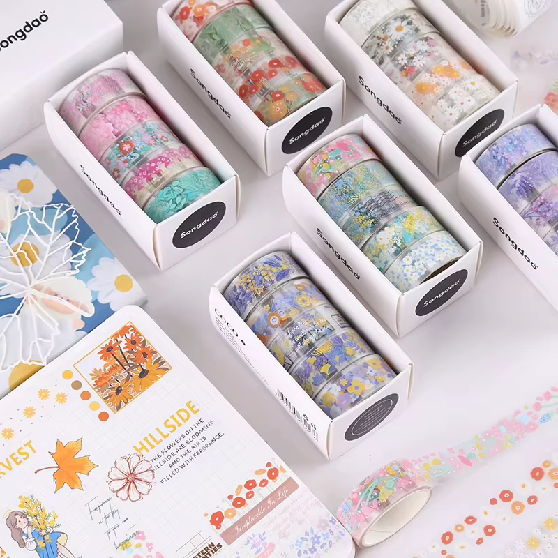 5 rouleaux de ruban adhésif transparent à fleurs colorées