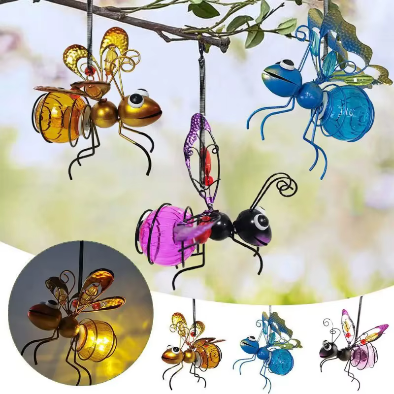 Statue d'insecte solaire en fer avec lumière féerique LED