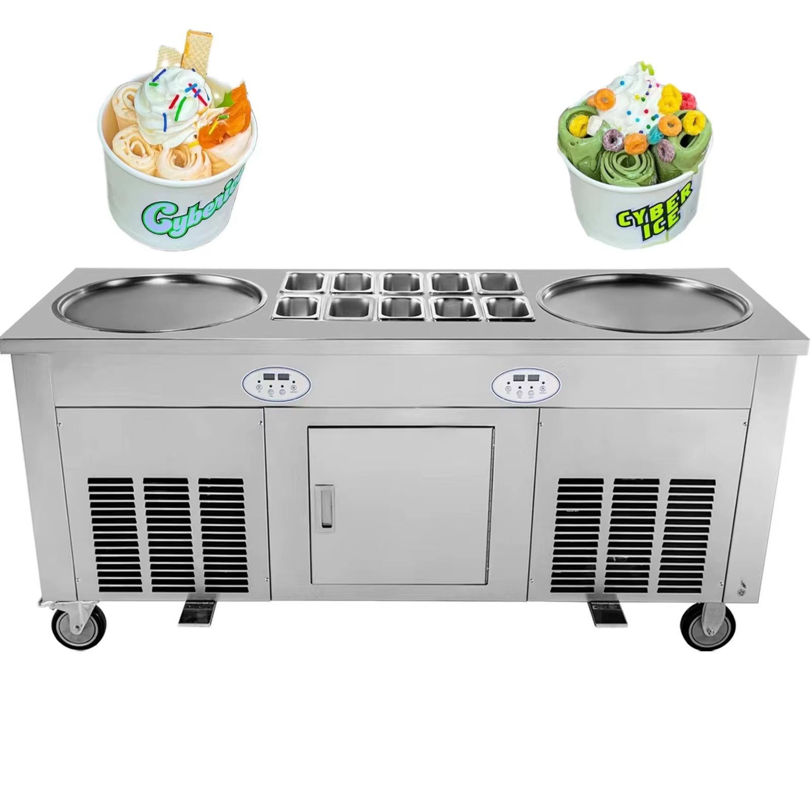 Machine à crème glacée en rouleau 2800 Watts Machine à rouleau de crème glacée à Double plaque avec armoire Machine à rouleau de crème glacée frite