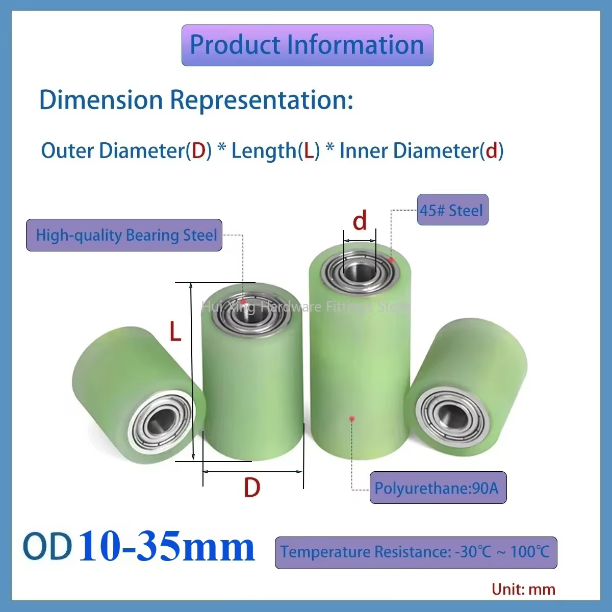 Rouleau revêtu de polyuréthane 90A OD 10-35