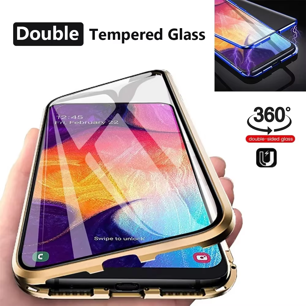 Étuis magnétiques en métal à protection intégrale 360° pour Samsung Galaxy A34 A35 A16 A56 A17 A36 5G, coque de téléphone avec dos en verre double face